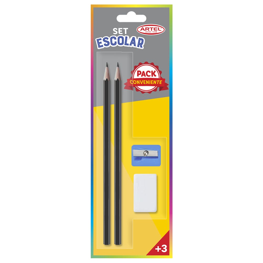 Blister Set Escolar 2 Lápices Grafito Goma Sacapuntas Artel