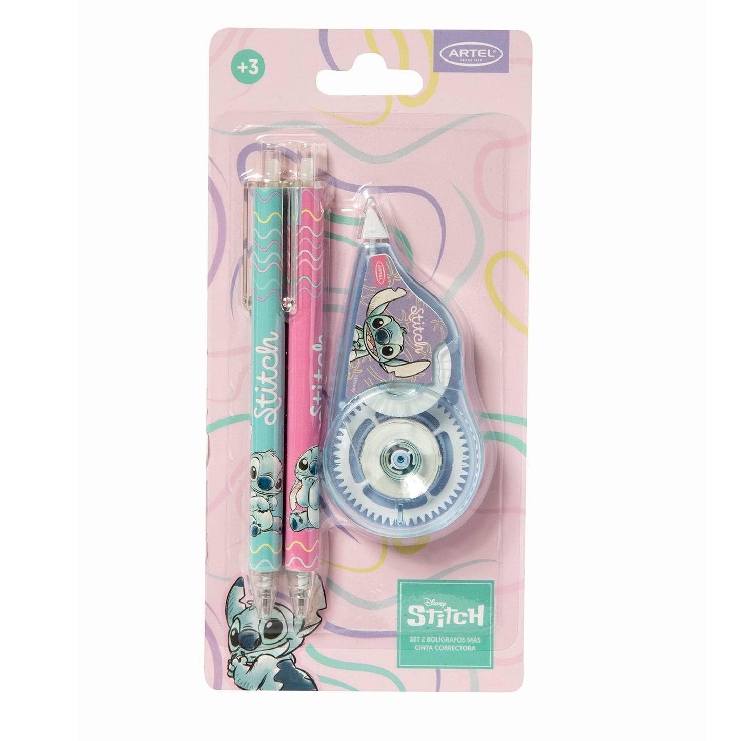 Set 2 Bolígrafos + Cinta Correctora Stitch Artel