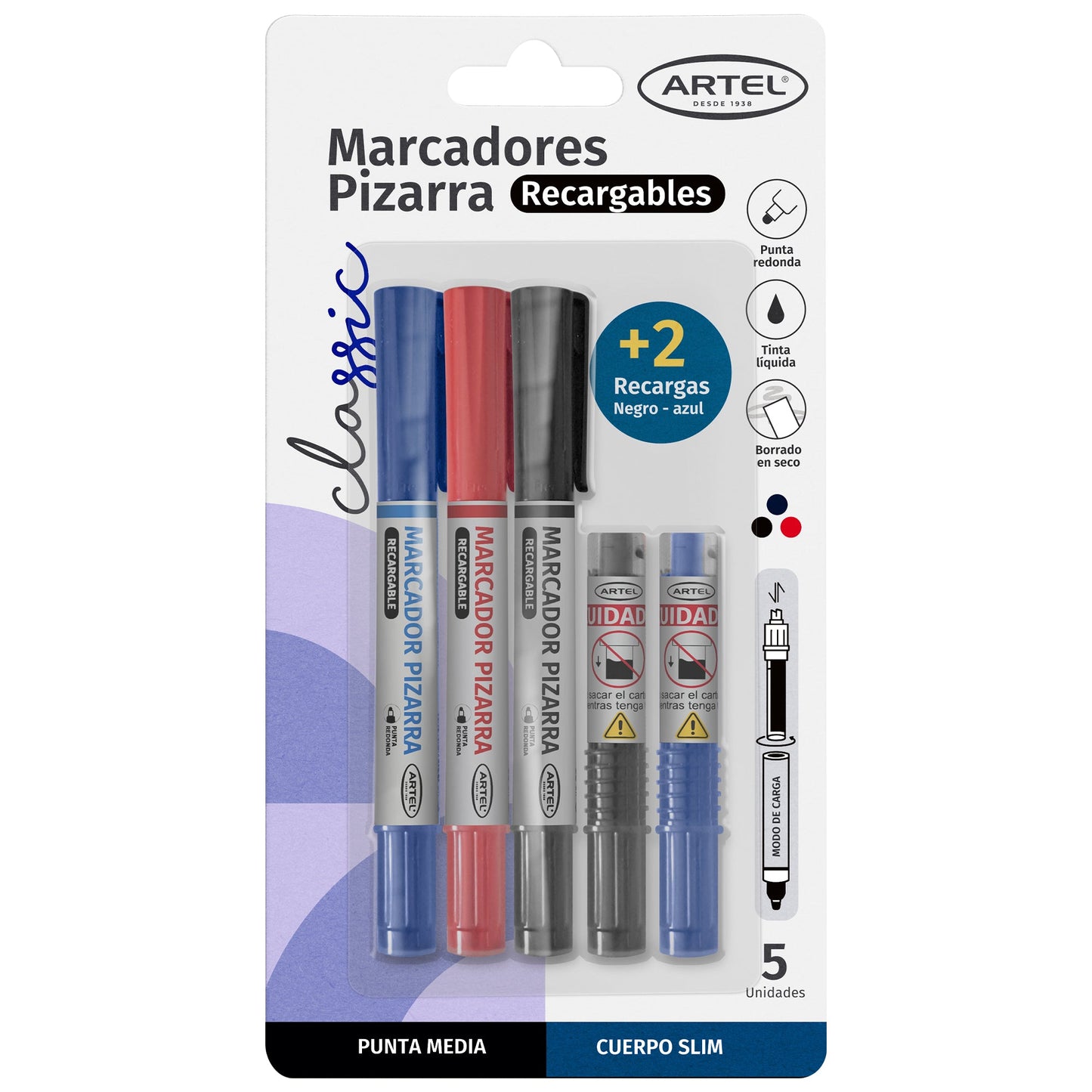 Marcadores Pizarra Recargable Artel Slim Rojo-Azul-Negro 3 Unidades +2 Recarga