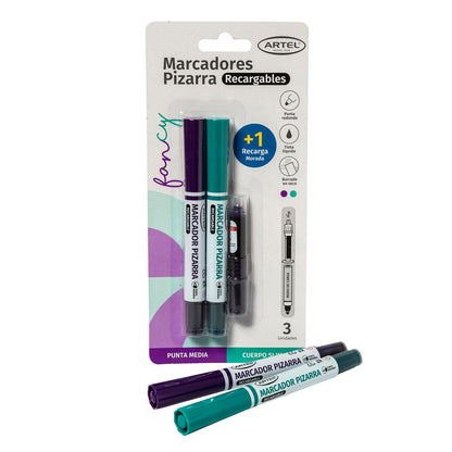 Marcadores Pizarra Recargable Artel Slim Funcy 2 Unidades + Recarga