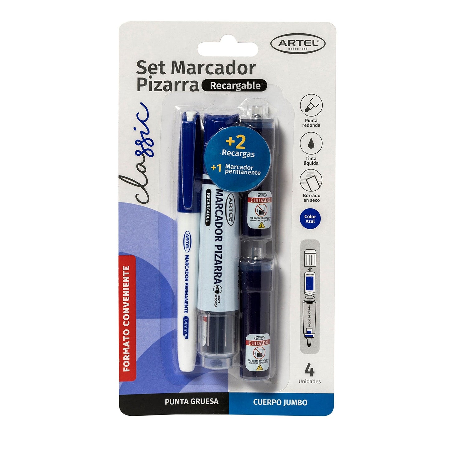 Marcador Pizarra Recargable Artel + 2 Recargas + Marcador Permanente Azul