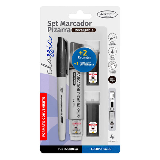 Marcador Pizarra Recargable Artel +2 Recargas + Marcardor Permanente Negro