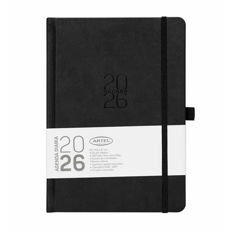 Agenda 2026 Artel Formato Día Por Página Color Negro Con Elástico