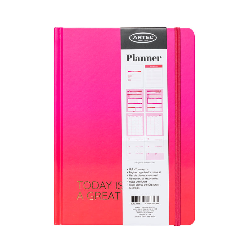 Planner 12 Meses Artel Empastado Diseño Rosa Degrade