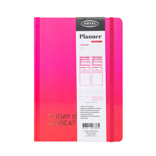 Planner 12 Meses Artel Empastado Diseño Rosa Degrade