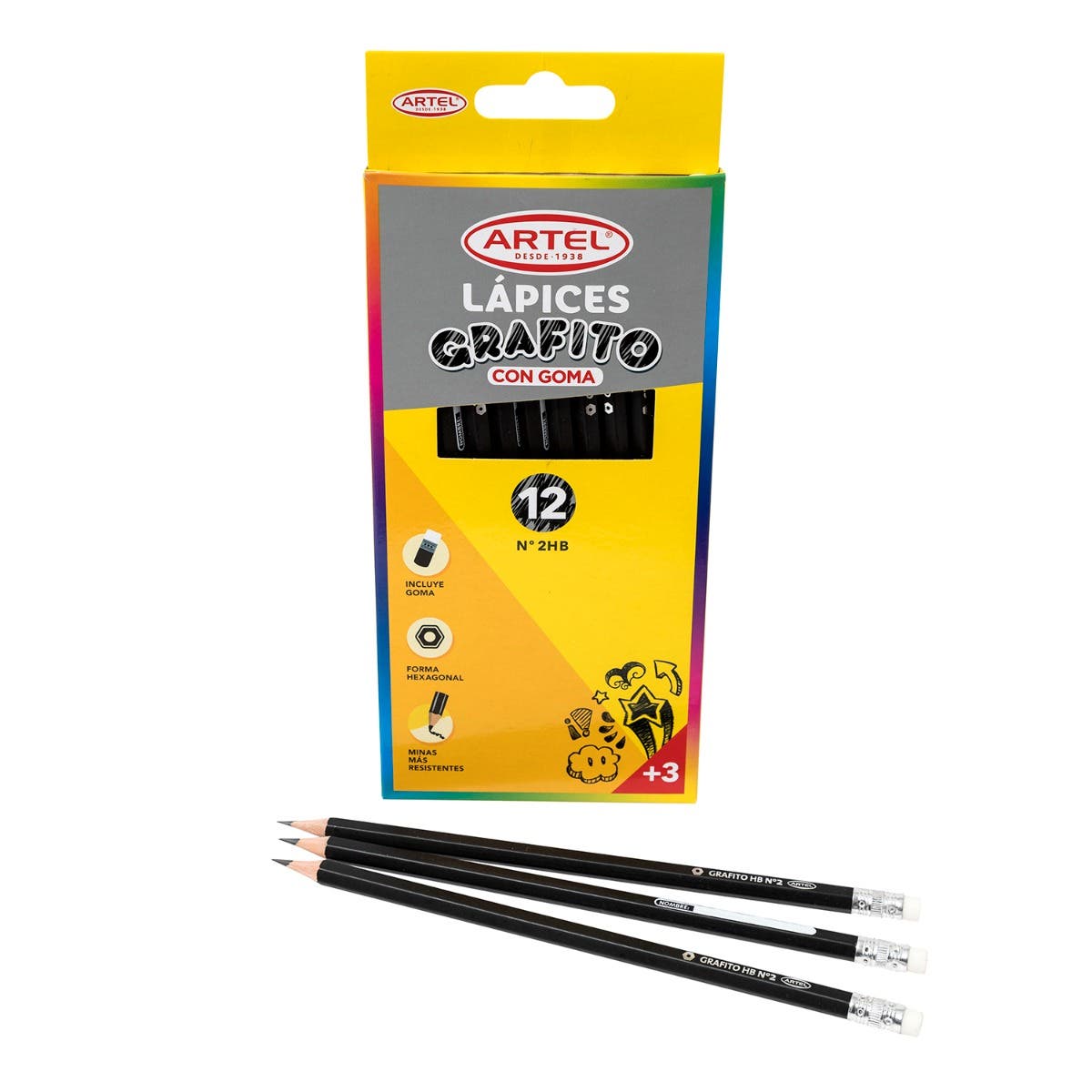 Estuche 12 Lápices Grafito HB Con Goma Artel