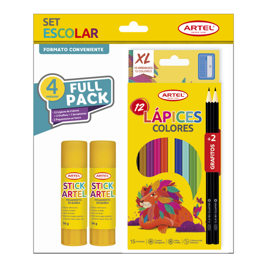 Pack 3: 2 Adhesivos Barra Artel 36 Gramos + Estuche Lápices Color