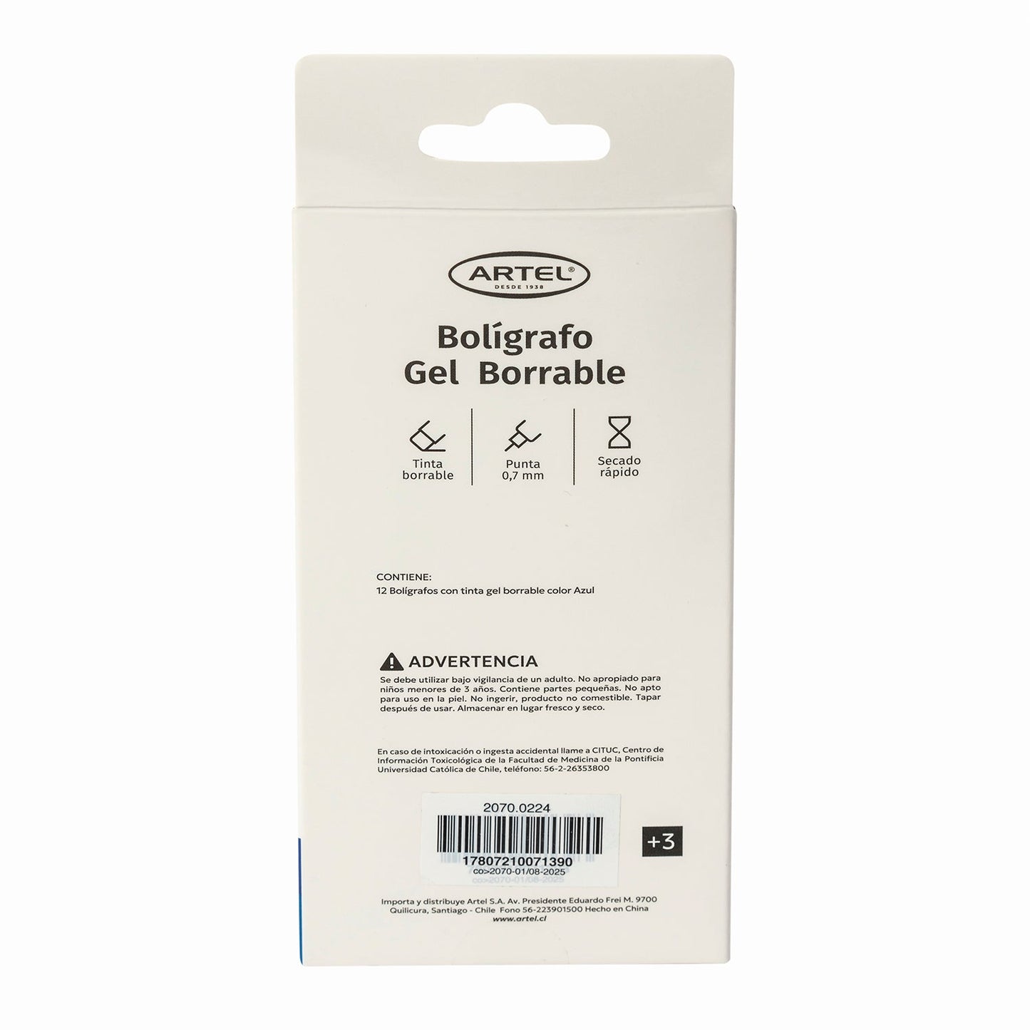 Bolígrafo Gel Borrable Artel Azul Unidad