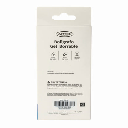 Bolígrafo Gel Borrable Artel Azul Unidad