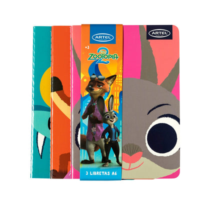 Set 3 Libretas Artel A6 Diseño Zootopia 2