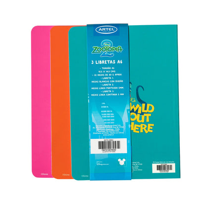 Set 3 Libretas Artel A6 Diseño Zootopia 2