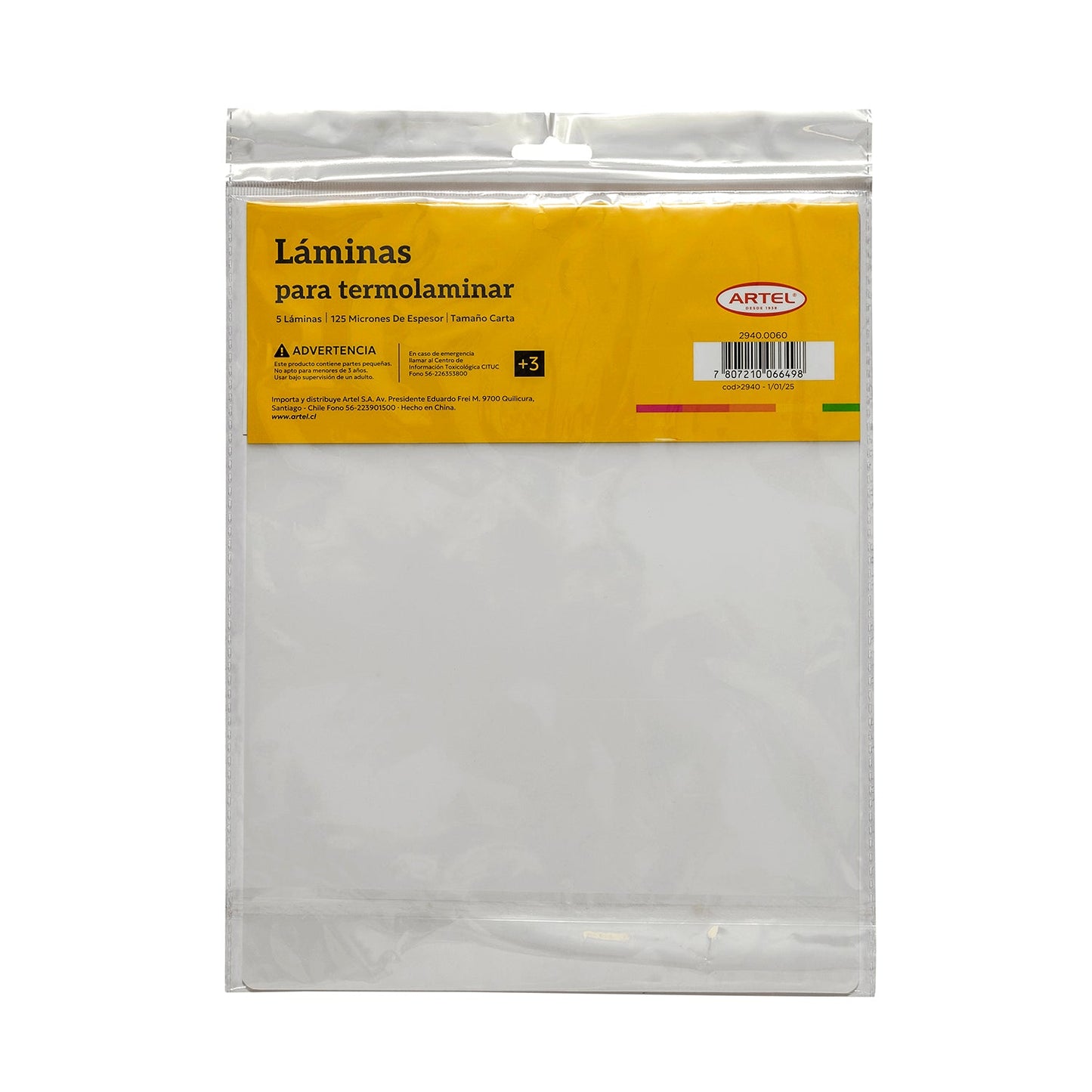 Lámina Termolaminar Artel 125 Micrones Tamaño Carta 5 Unidades