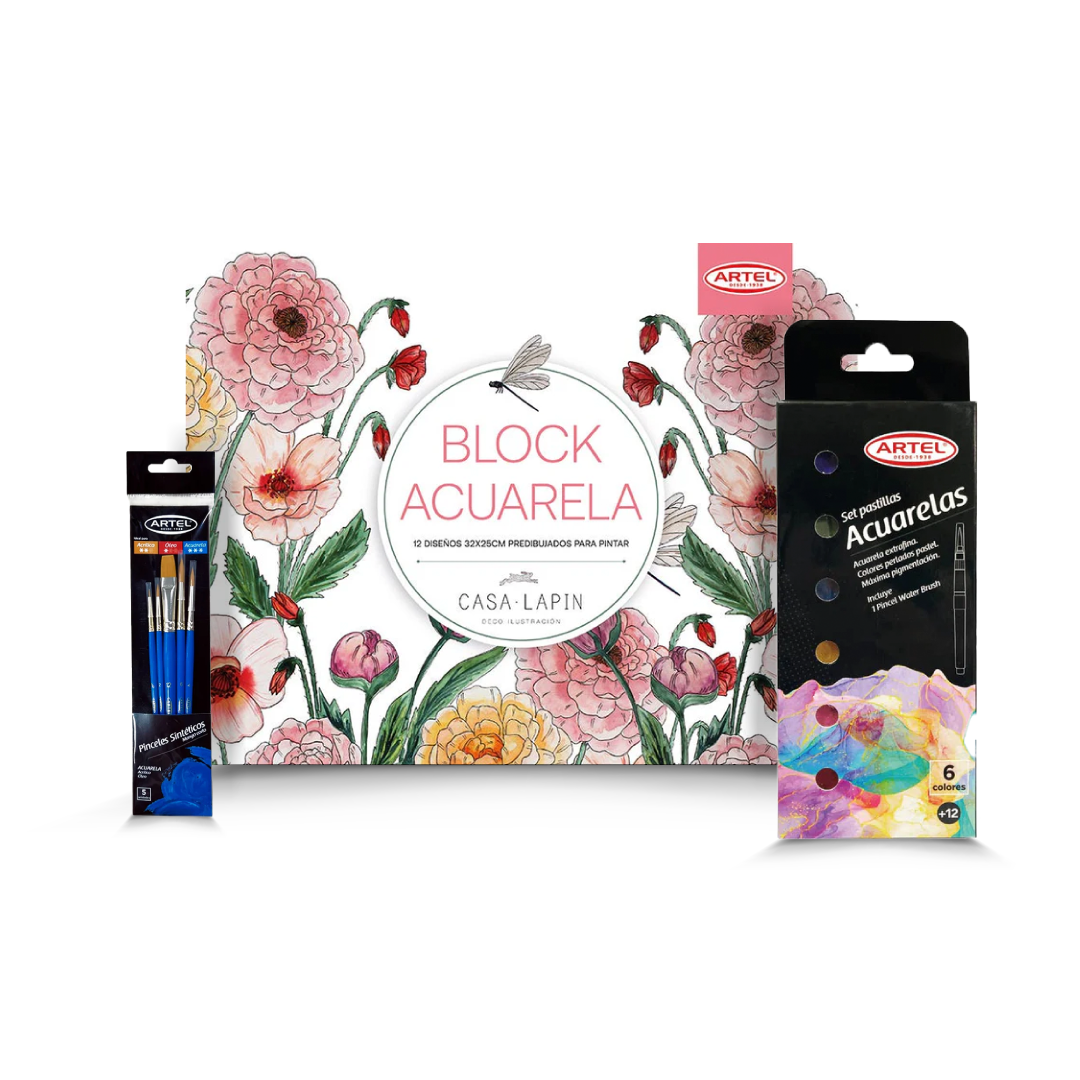 Pack Navidad Acuarela 3: Estuche Acuarelas Perladas + Block Acuarela Ilustrado + Set Pinceles