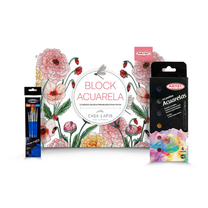 Pack Navidad Acuarela 3: Estuche Acuarelas Perladas + Block Acuarela Ilustrado + Set Pinceles