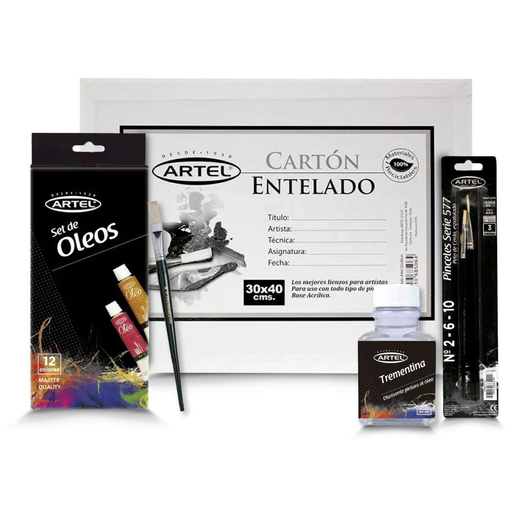 Pack Navidad Óleo: Set de Óleos + Trementina + Cartón Entelado + Pinceles